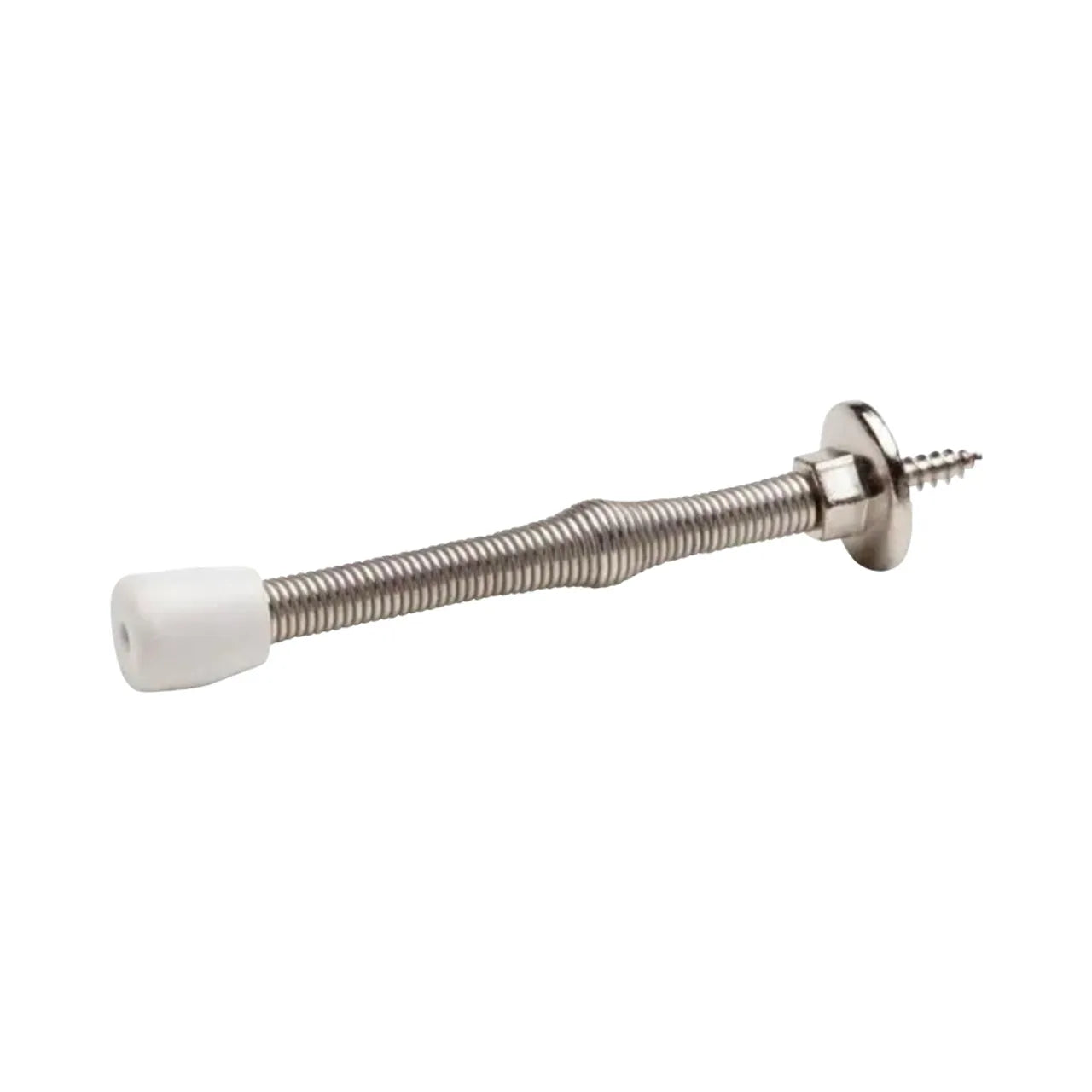 Go Build 3 in. Light Duty Spring Door Stop in satin nickel features a white rubber tip and screw base, ideal for light duty use.